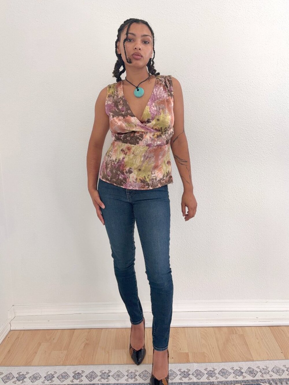 Y2K Silk Tank Top (M) medium pink green vintage womens chic office cute boho